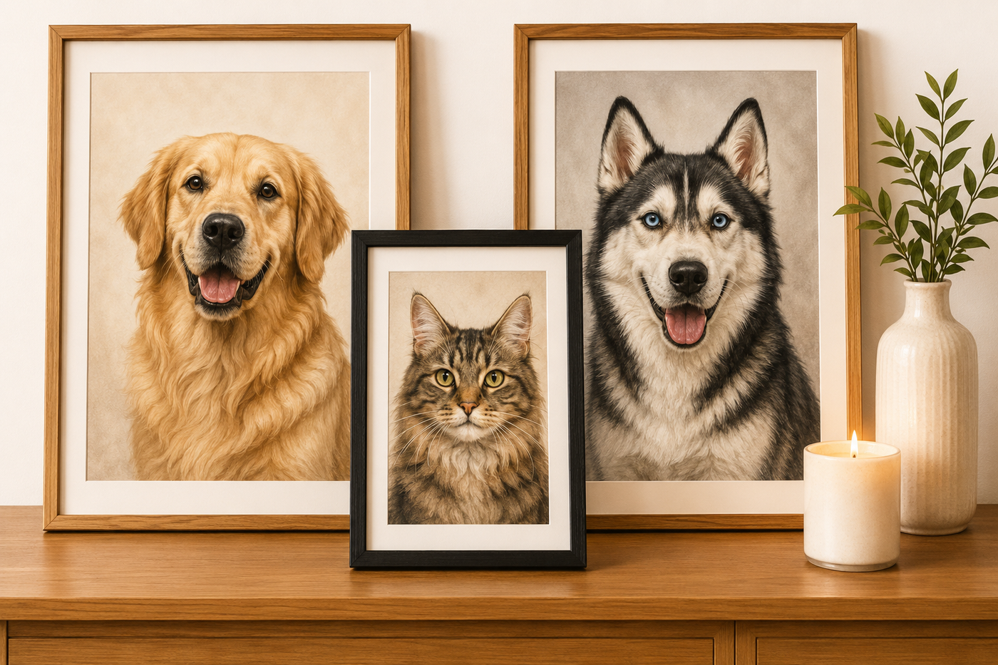 Framed custom pet portraits displayed on a wooden cabinet
