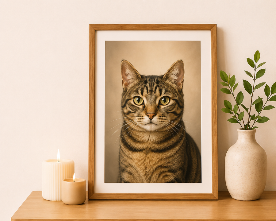 Framed memorial cat portrait