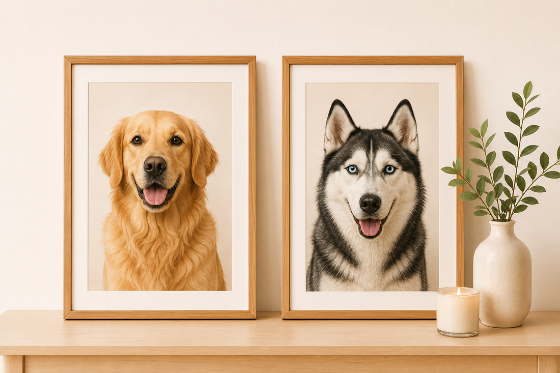 Framed cat and dog portraits on a table