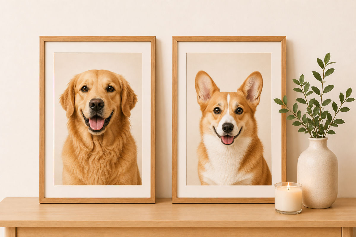 Framed cat and dog portraits beside a candle and vase