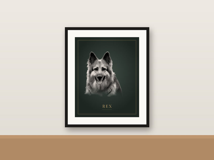 Classic Noir framed portrait of a German shepherd