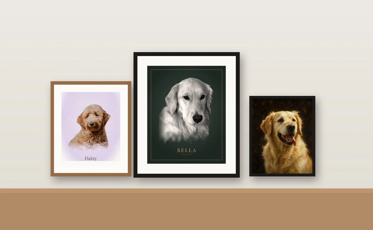 Three framed pet portraits in watercolor, classic noir and oil painting styles