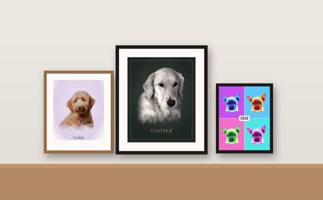 Framed pet portraits in three styles