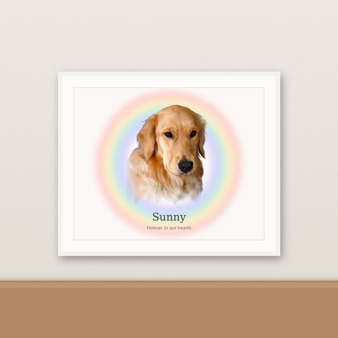 Rainbow Bridge memorial framed portrait of a golden retriever named Sunny