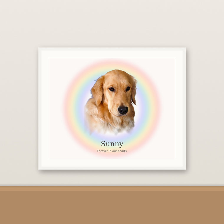 Rainbow Bridge memorial framed portrait of a golden retriever named Sunny