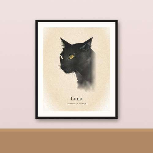 Watercolor memorial framed portrait of a black cat named Luna