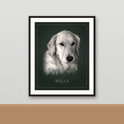 Classic Noir framed pet portrait of a golden retriever named Bella