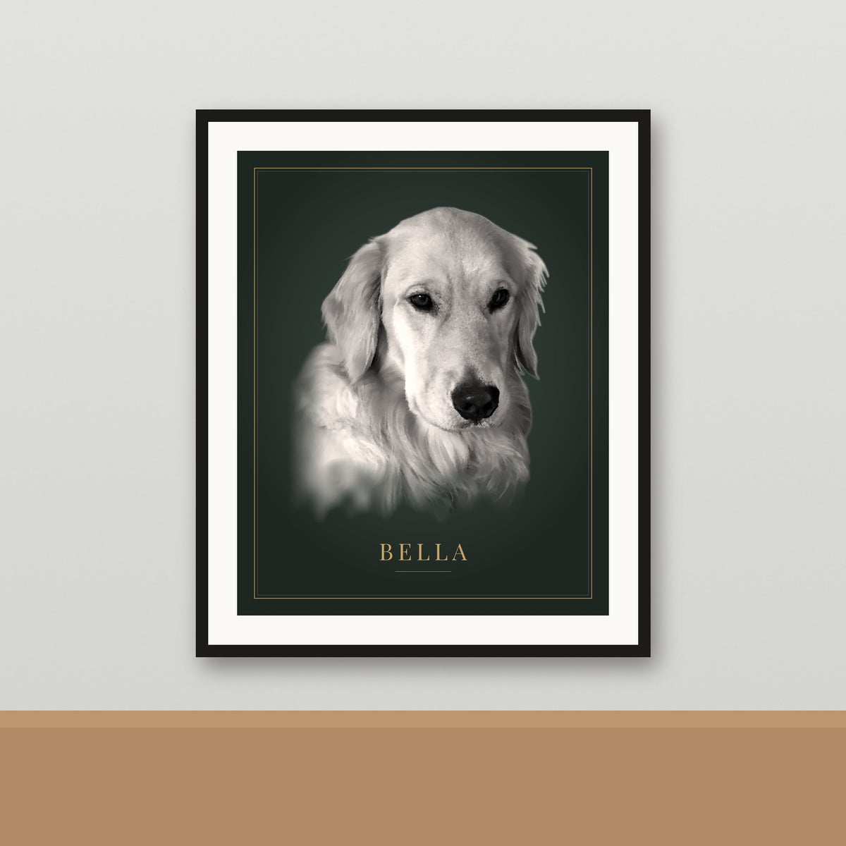 Classic Noir framed pet portrait of a golden retriever named Bella