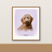Soft Watercolor framed pet portrait of a goldendoodle named Daisy