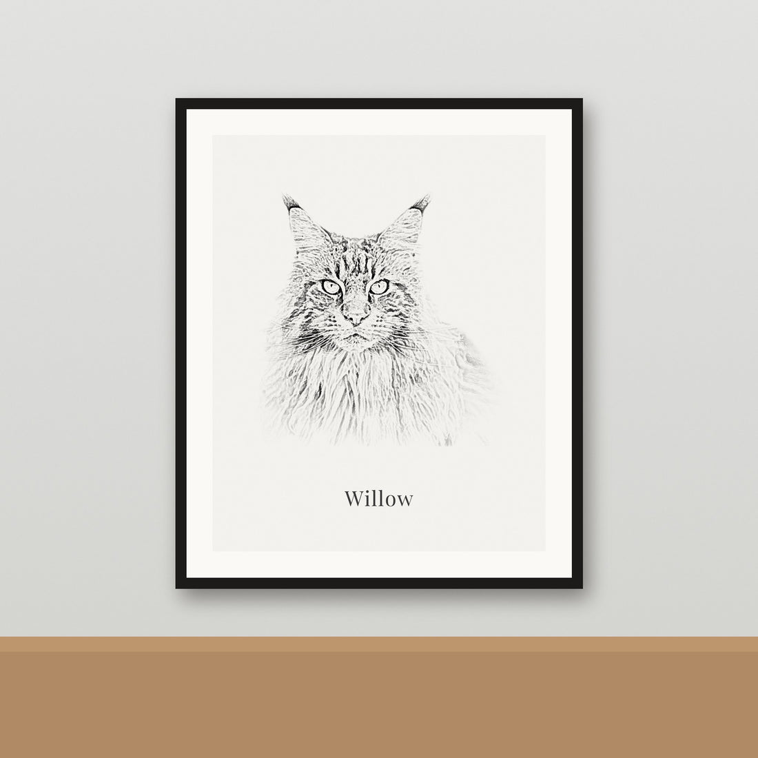 Pencil Sketch framed portrait of a Maine Coon cat named Willow
