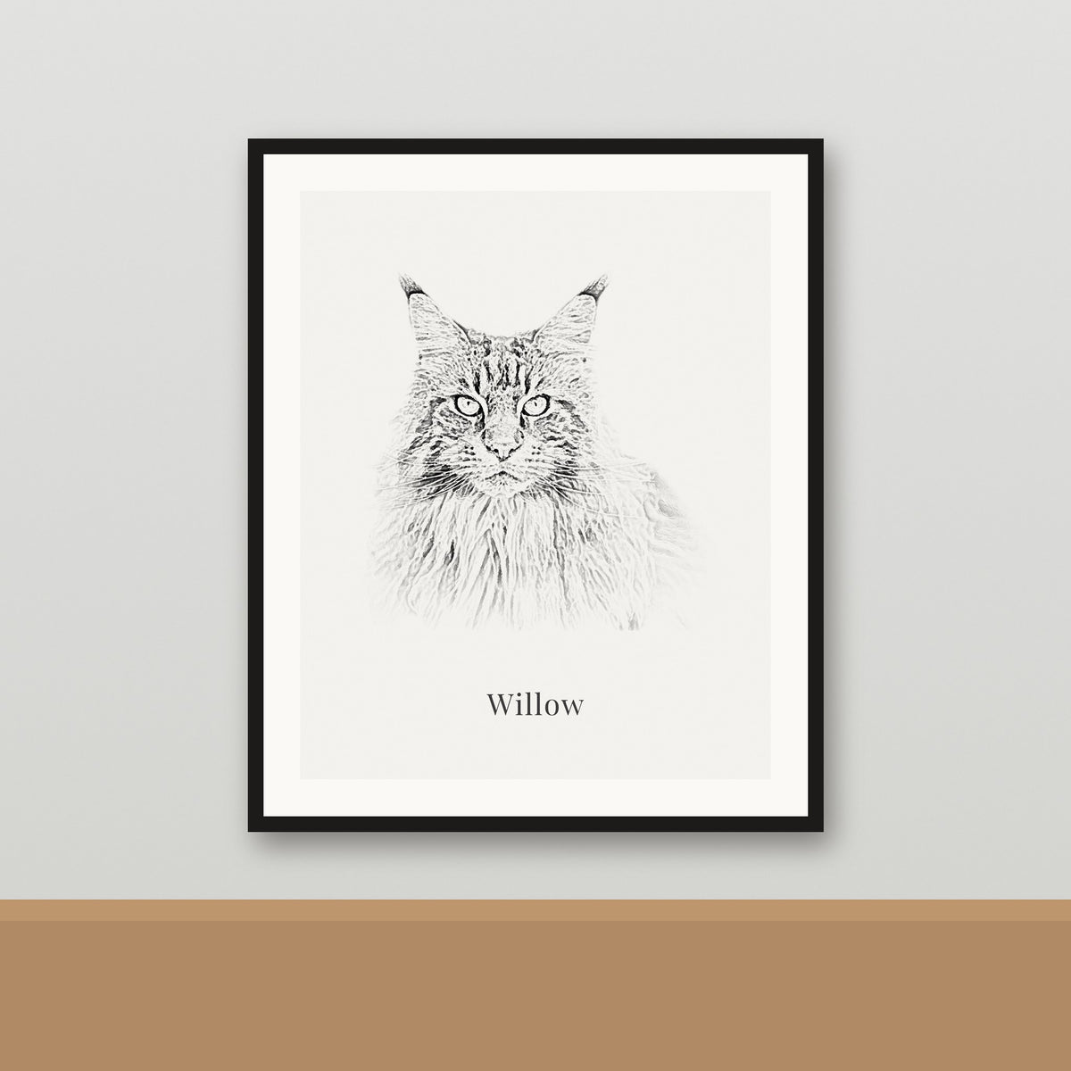 Pencil Sketch framed portrait of a Maine Coon cat named Willow