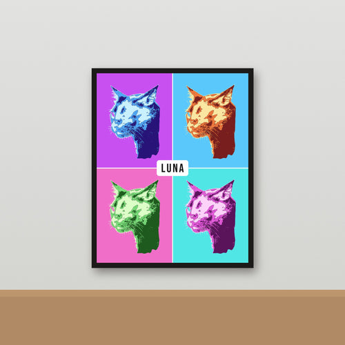 Pop Art framed portrait of a black cat named Luna