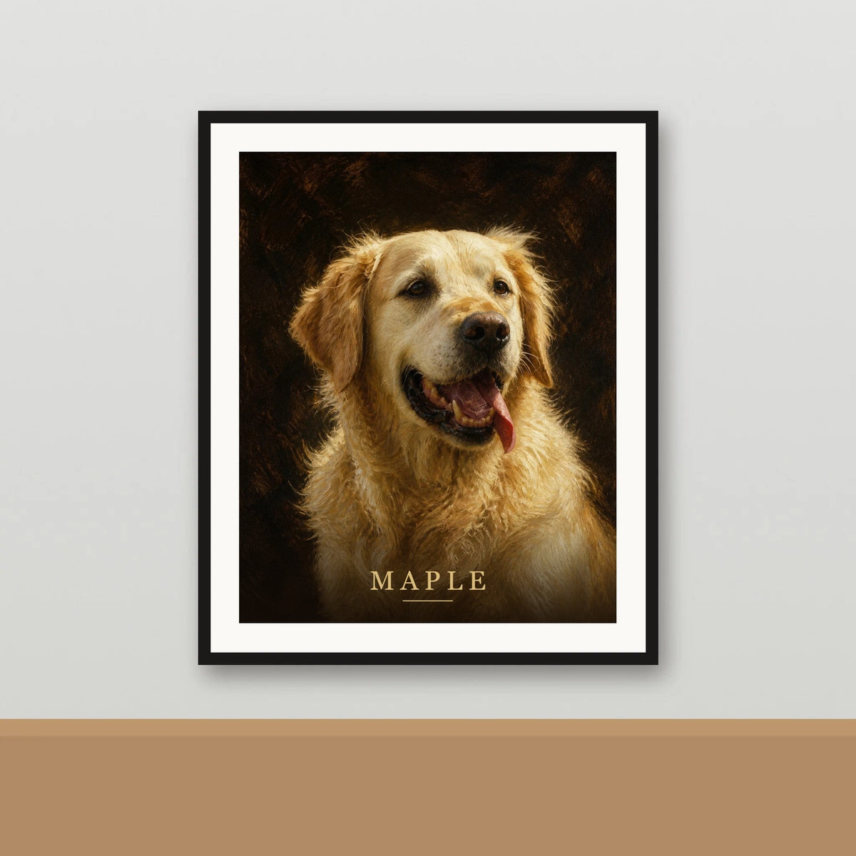 Oil Painting framed pet portrait of a golden retriever named Maple