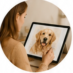Artist reviewing a dog portrait on a tablet