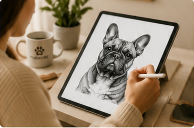 Artist drawing a pet portrait on a tablet