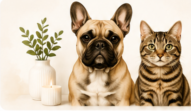 Dog and cat portrait with candle and plant