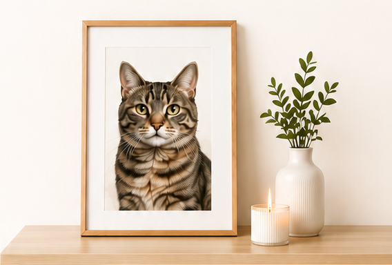 Framed cat portrait beside a candle and vase